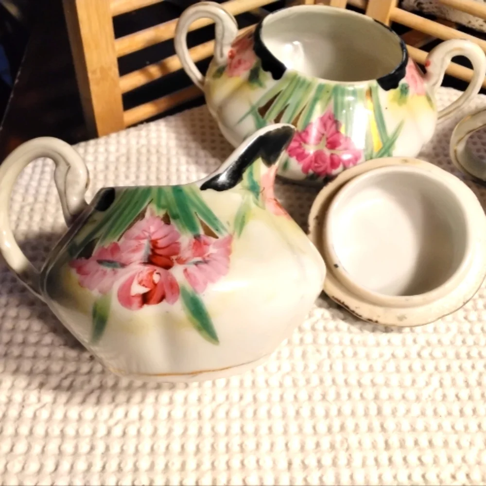 Antique Teapot/Cream & Sugar Dish Unmarked Early Twentieth Century Floral
